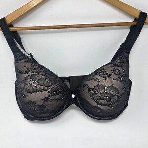 Victoria's Secret Lined Perfect Coverage Mesh Floral Black / Beige Bra 38DD